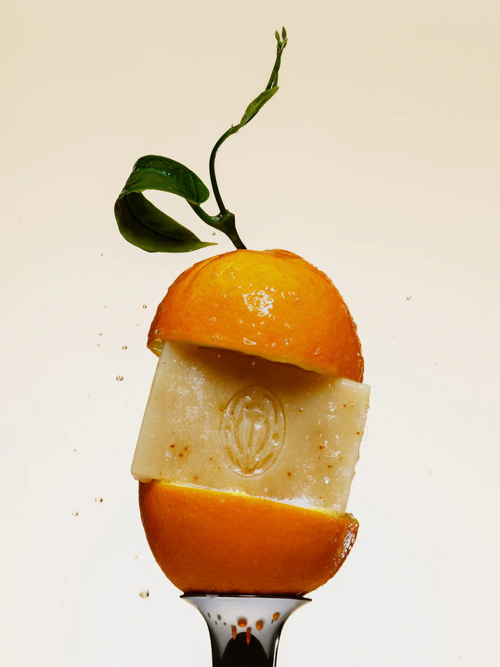 Orange with a block of cheese inside on a white background