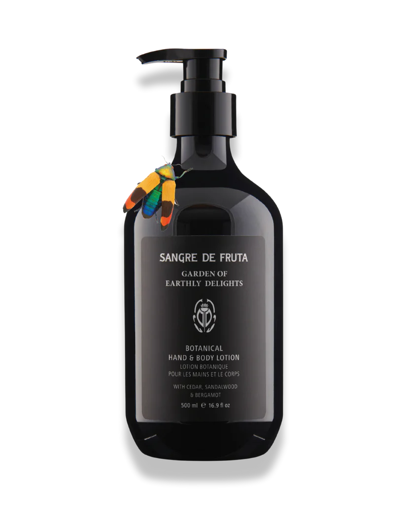 Black bottle of Sangre de Fruta botanical hand and body lotion on a white background
