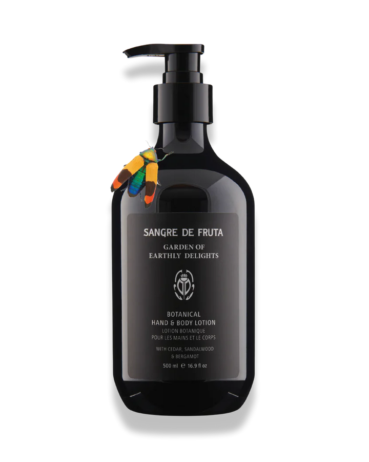 Black bottle of Sangre de Fruta botanical hand and body lotion on a white background