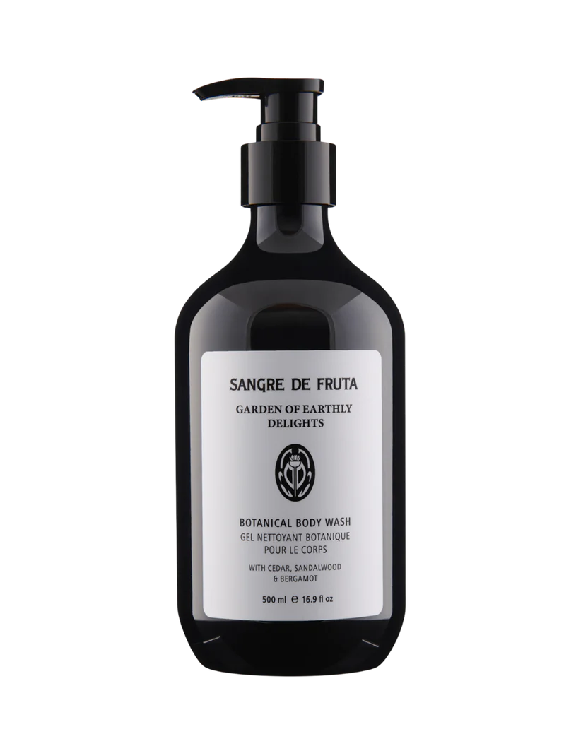 Black bottle of Sangre de Fruta botanical body wash on a white background