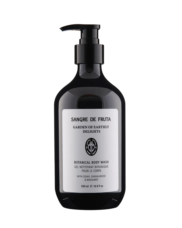 Black bottle of Sangre de Fruta botanical body wash on a white background