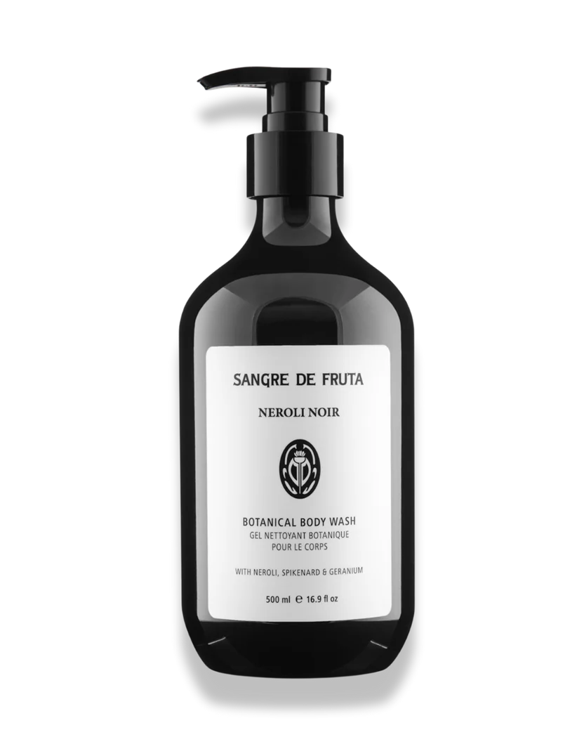 Black bottle of Sangre de Fruta Neroli Noir Botanical Body Wash on a white background