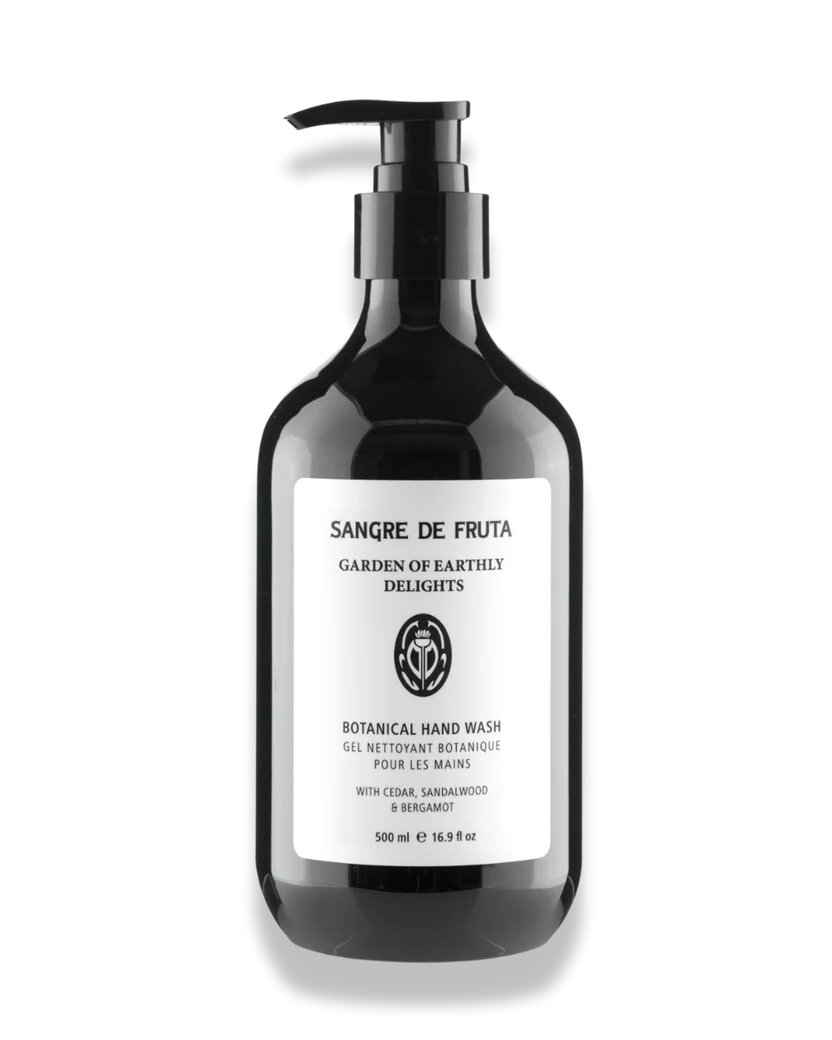 Black bottle of Sangre de Fruta botanical hand wash on a white background