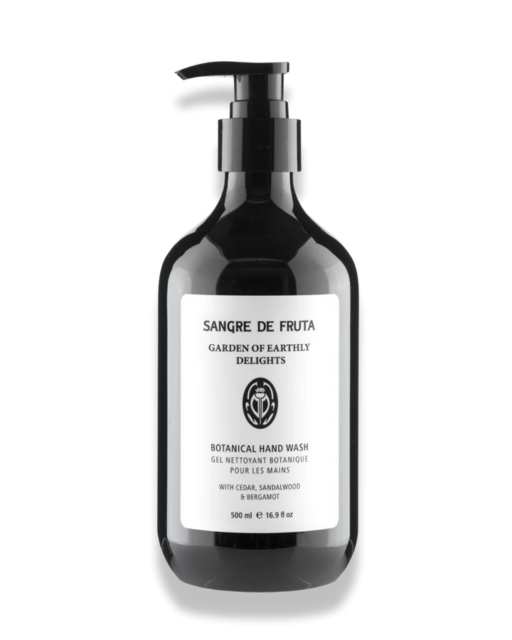 Black bottle of Sangre de Fruta botanical hand wash on a white background