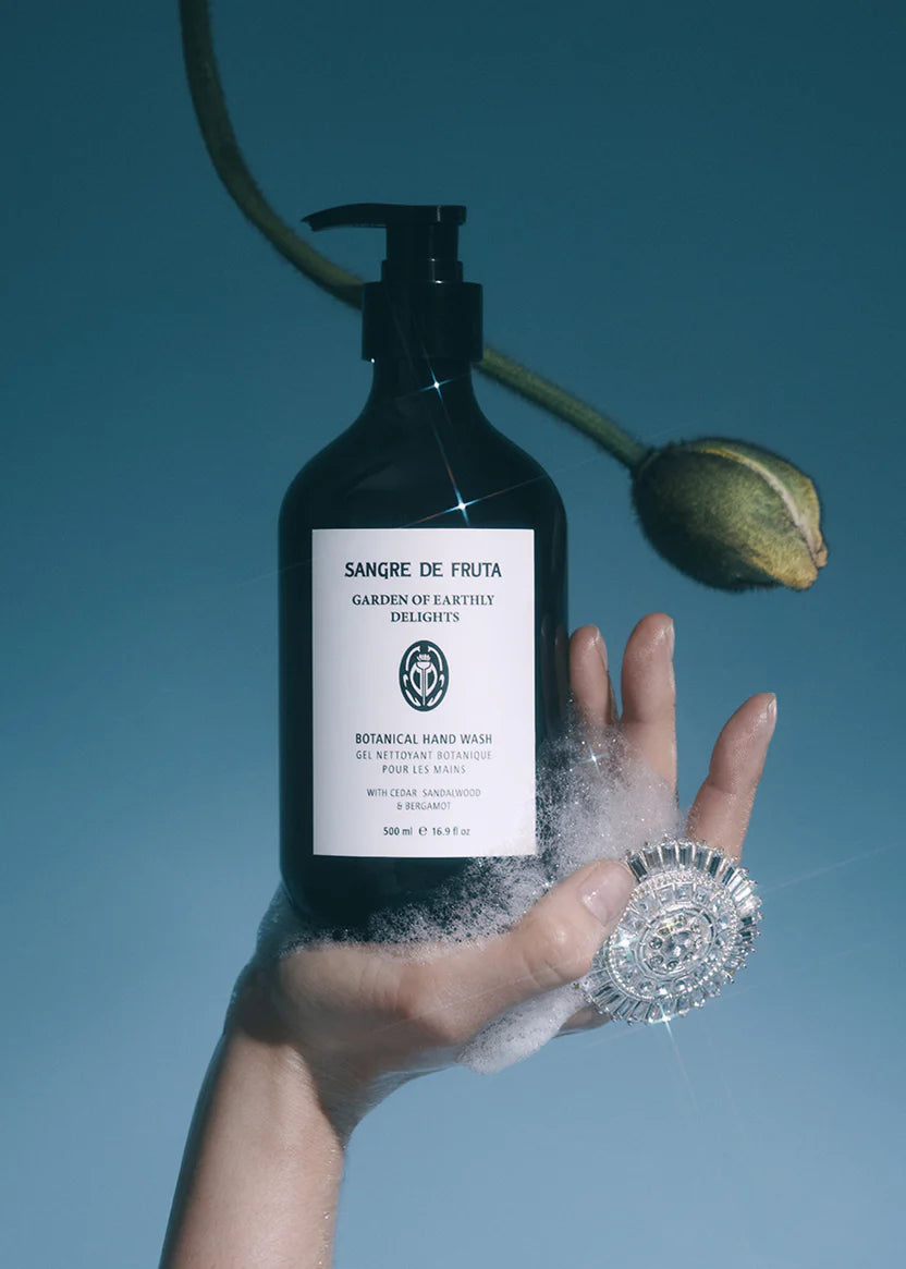 Bottle of 'Sangre de Fruta' hand soap held by a hand with a blue background