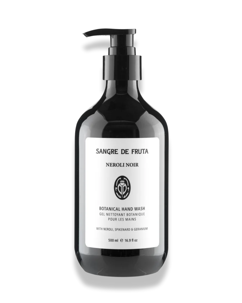 Black bottle of Sangre de Fruta Neroli Noir Botanical Hand Wash on a white background
