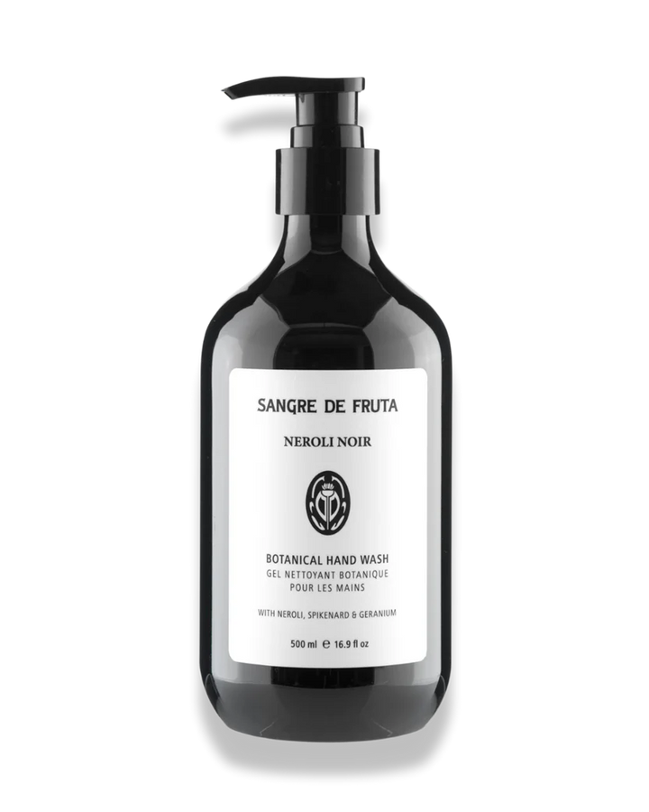 Black bottle of Sangre de Fruta Neroli Noir Botanical Hand Wash on a white background