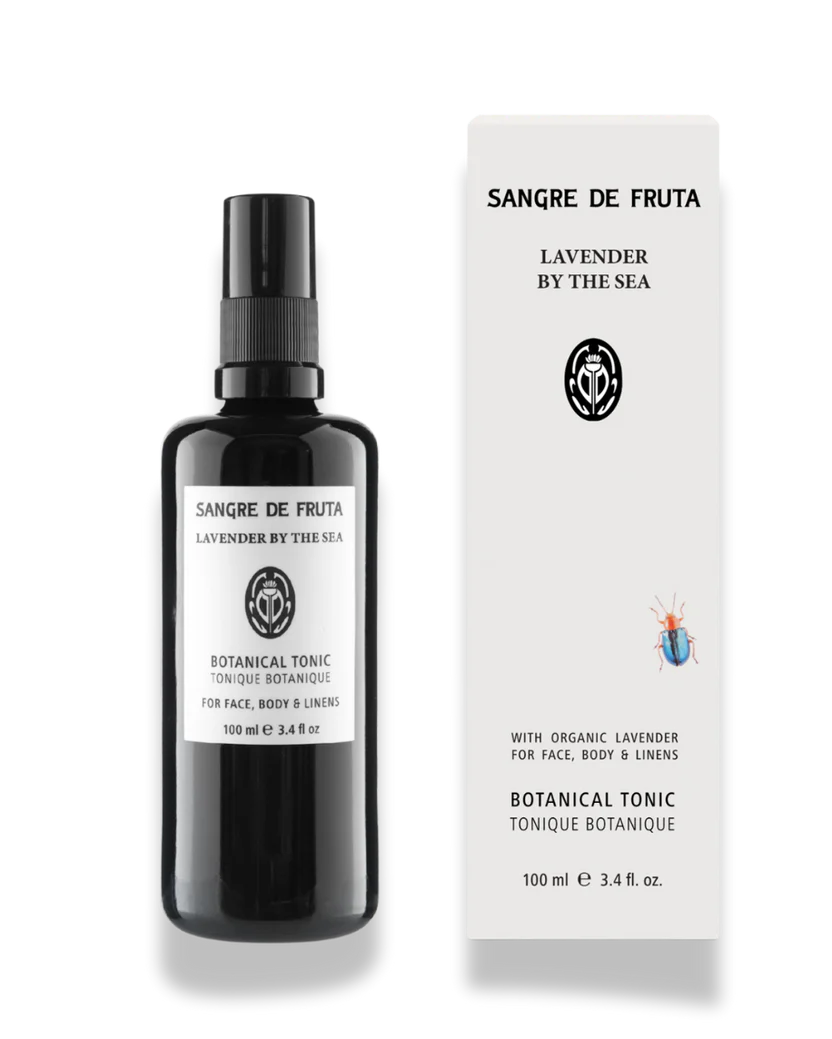 Sangre de Fruta Lavender by the Sea botanical tonic bottle and packaging on a white background