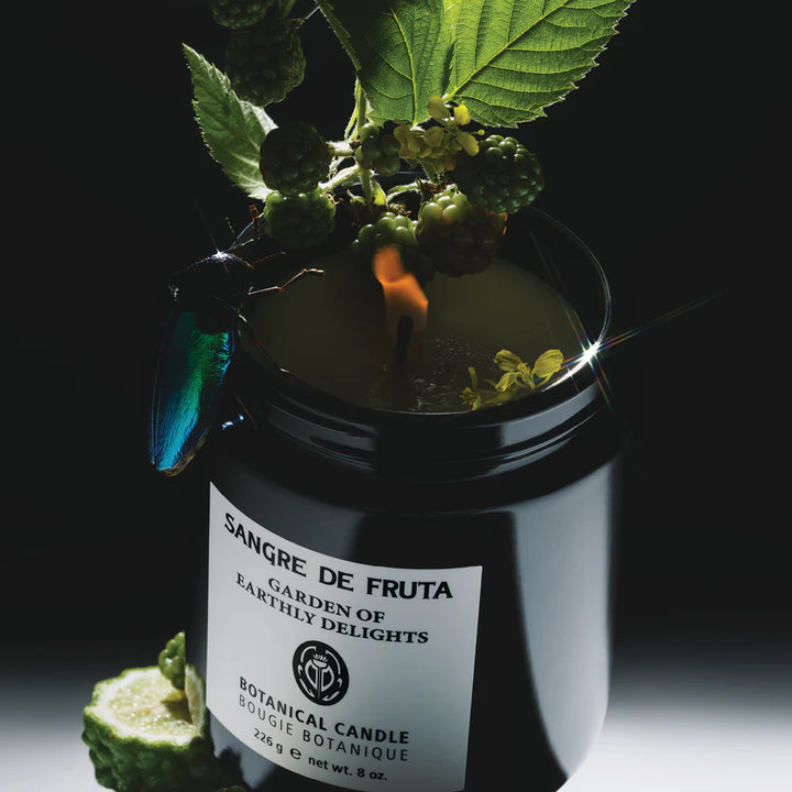 Botanical candle labeled 'Sangre de Fruta' with natural elements on a dark background