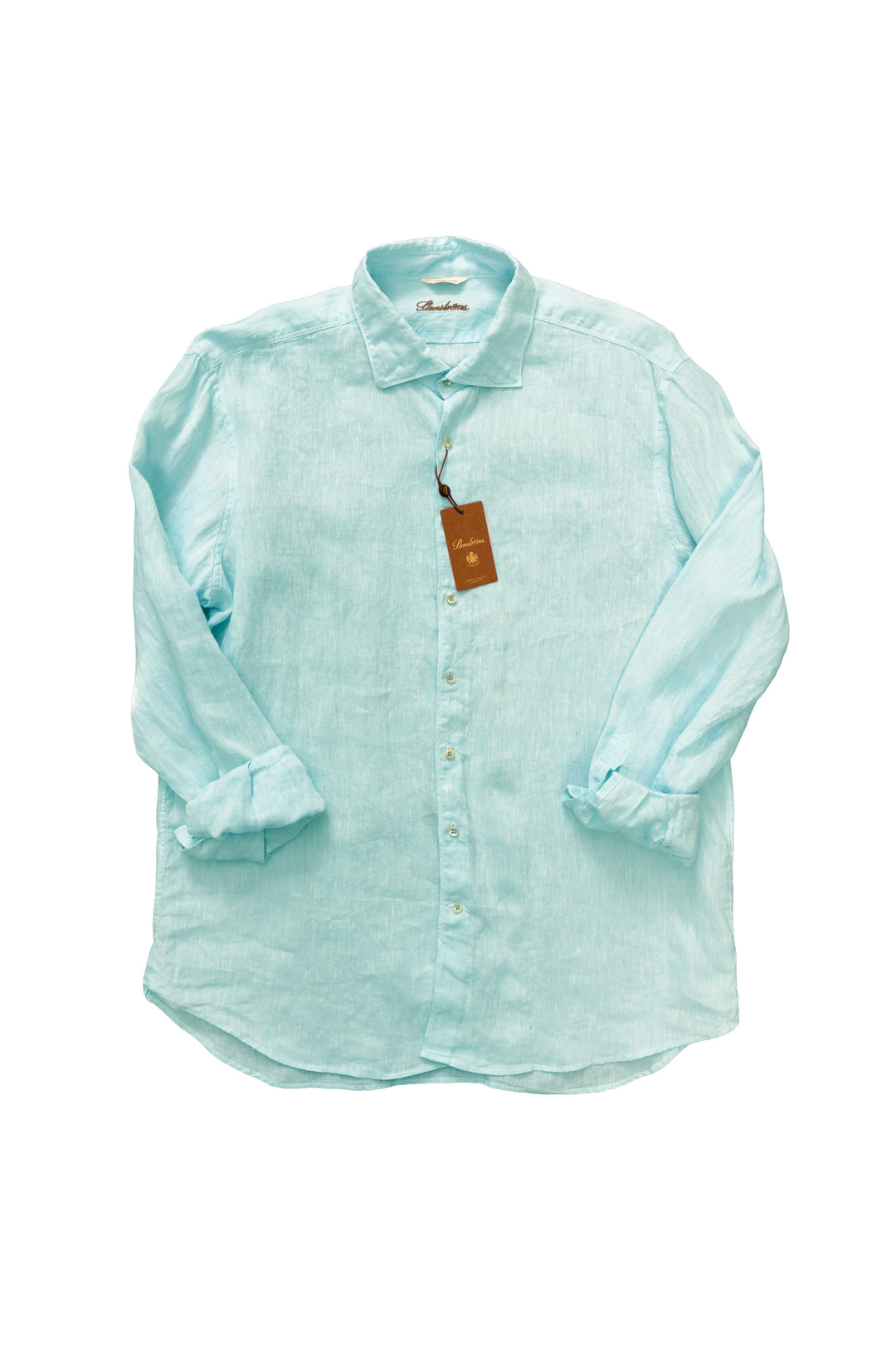 Light blue shirt with a tag on a white background