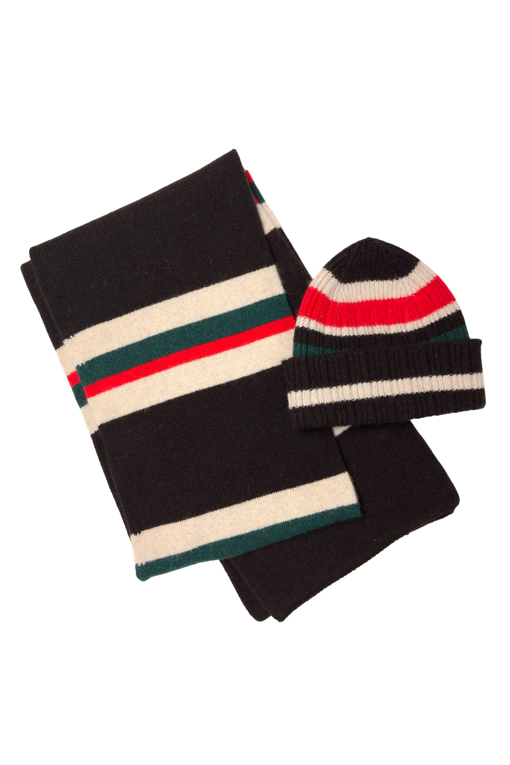 Black scarf with colorful stripes and matching beanie on a white background