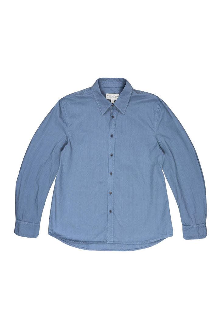 Blue button-up shirt on a white background