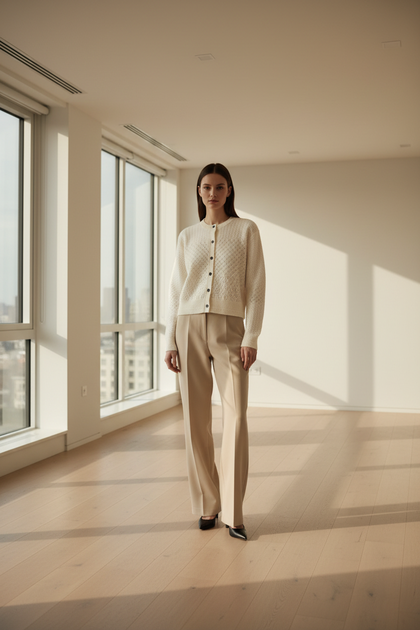 White textured cardigan with black buttons on a white background