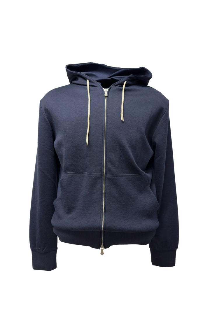 Navy blue hoodie with a zipper on a white background