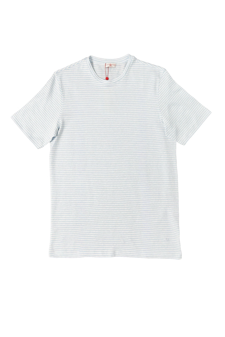 White t-shirt with thin blue stripes on a white background