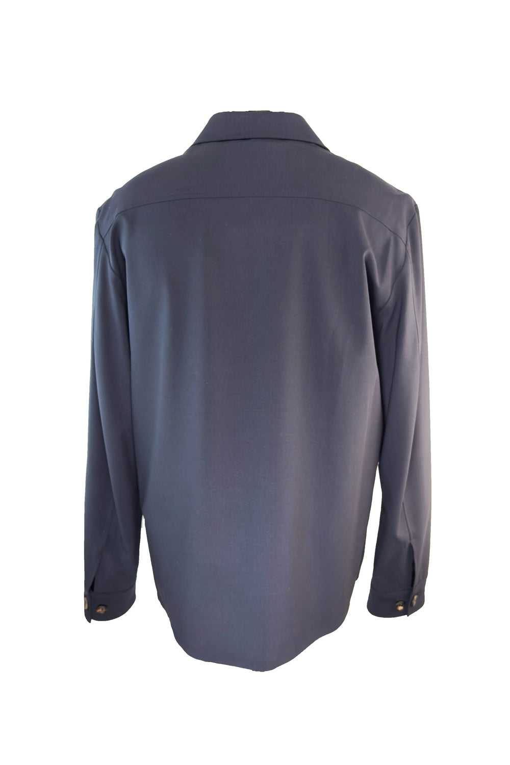 Back view of a dark gray shirt on a white background