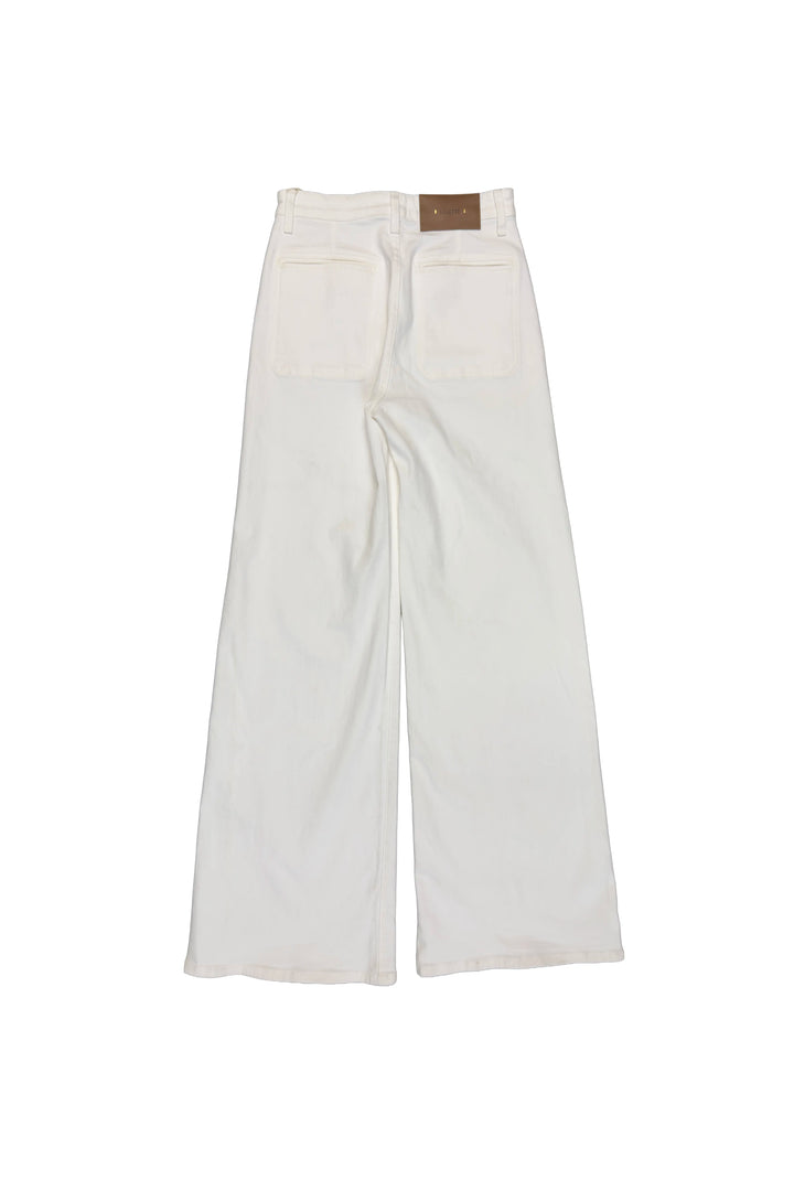 White pants with a brown belt on a white background
