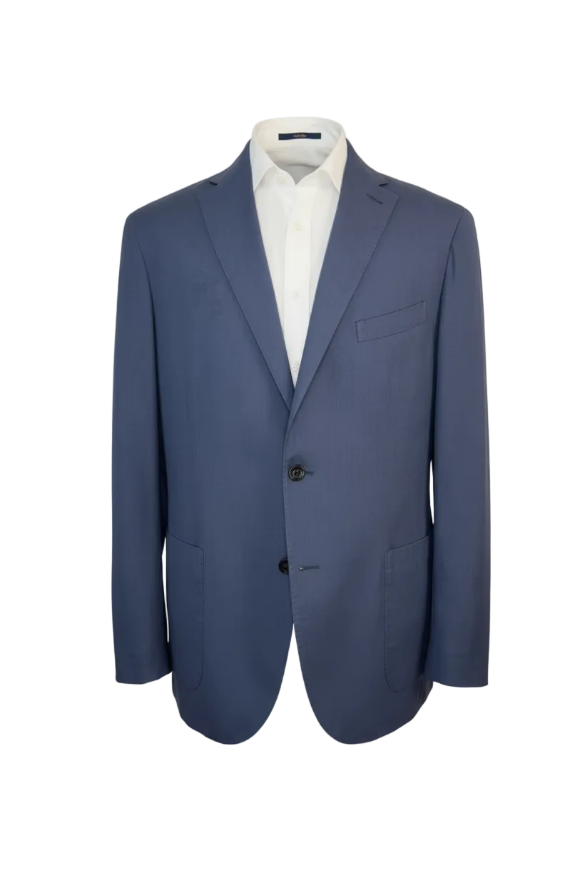 Blue suit jacket with a white shirt on a white background