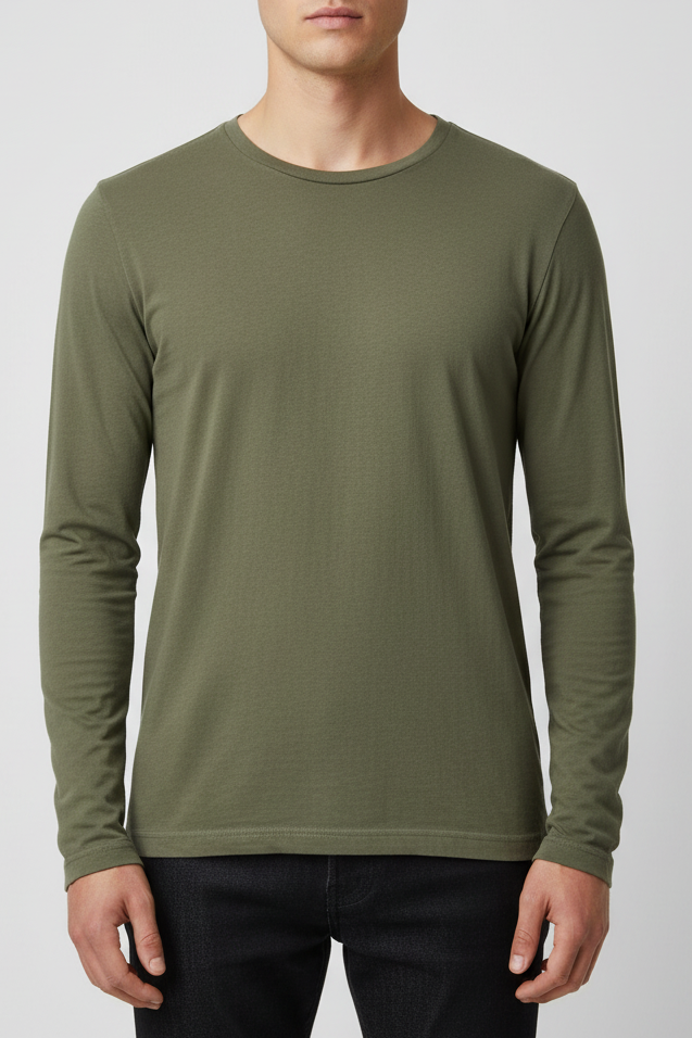 Person wearing a green long-sleeve shirt on a white background