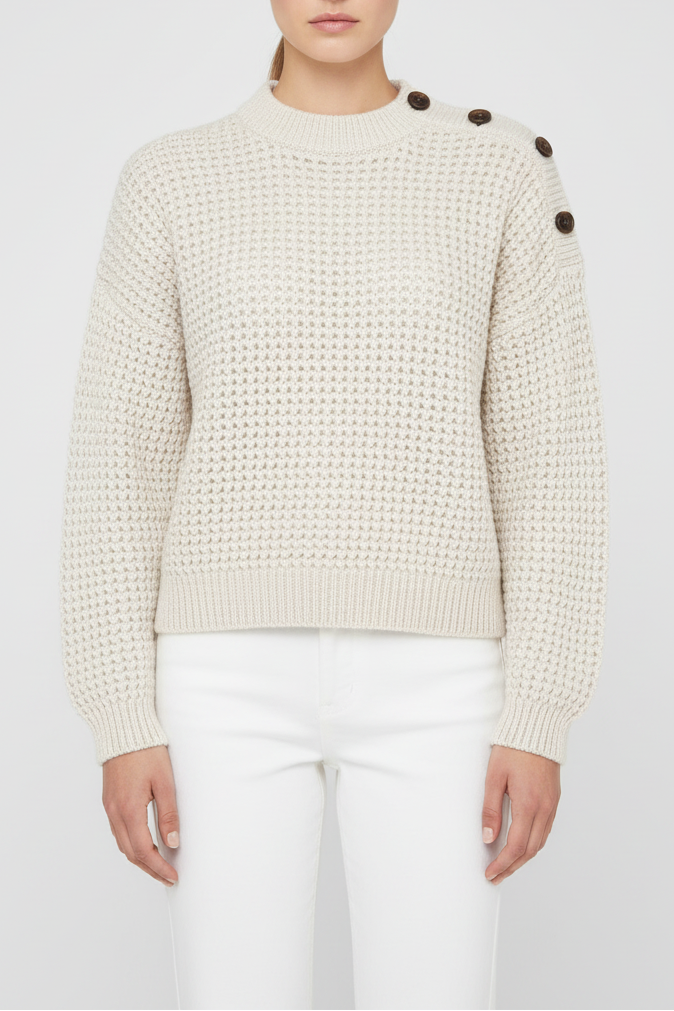 Person wearing a cream knitted sweater with dark buttons on a white background