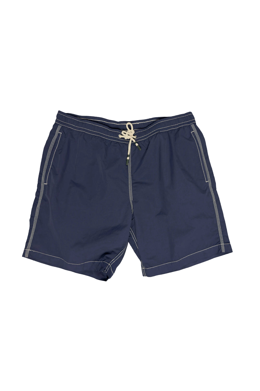 Navy blue shorts with a drawstring on a white background