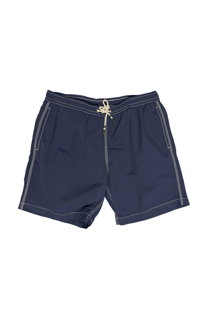 Navy blue shorts with a drawstring on a white background