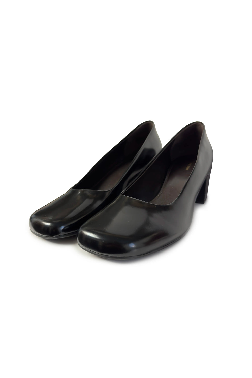 Pair of black high-heeled shoes on a white background