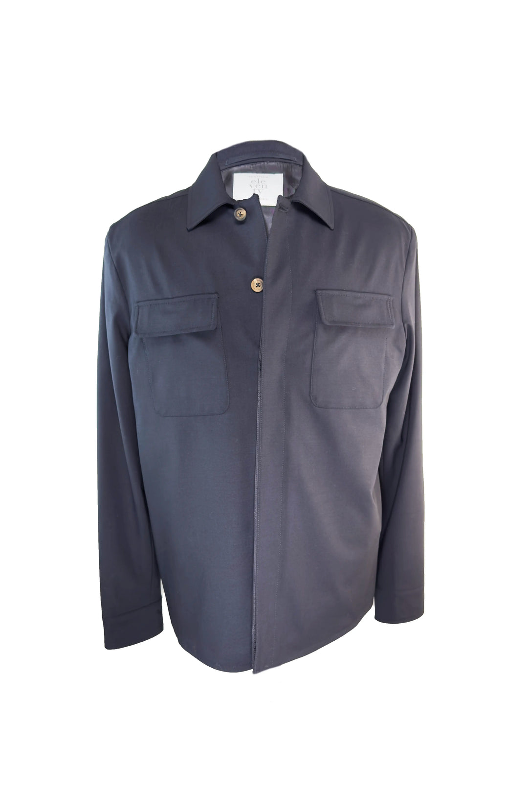Navy blue shirt with two front pockets on a white background