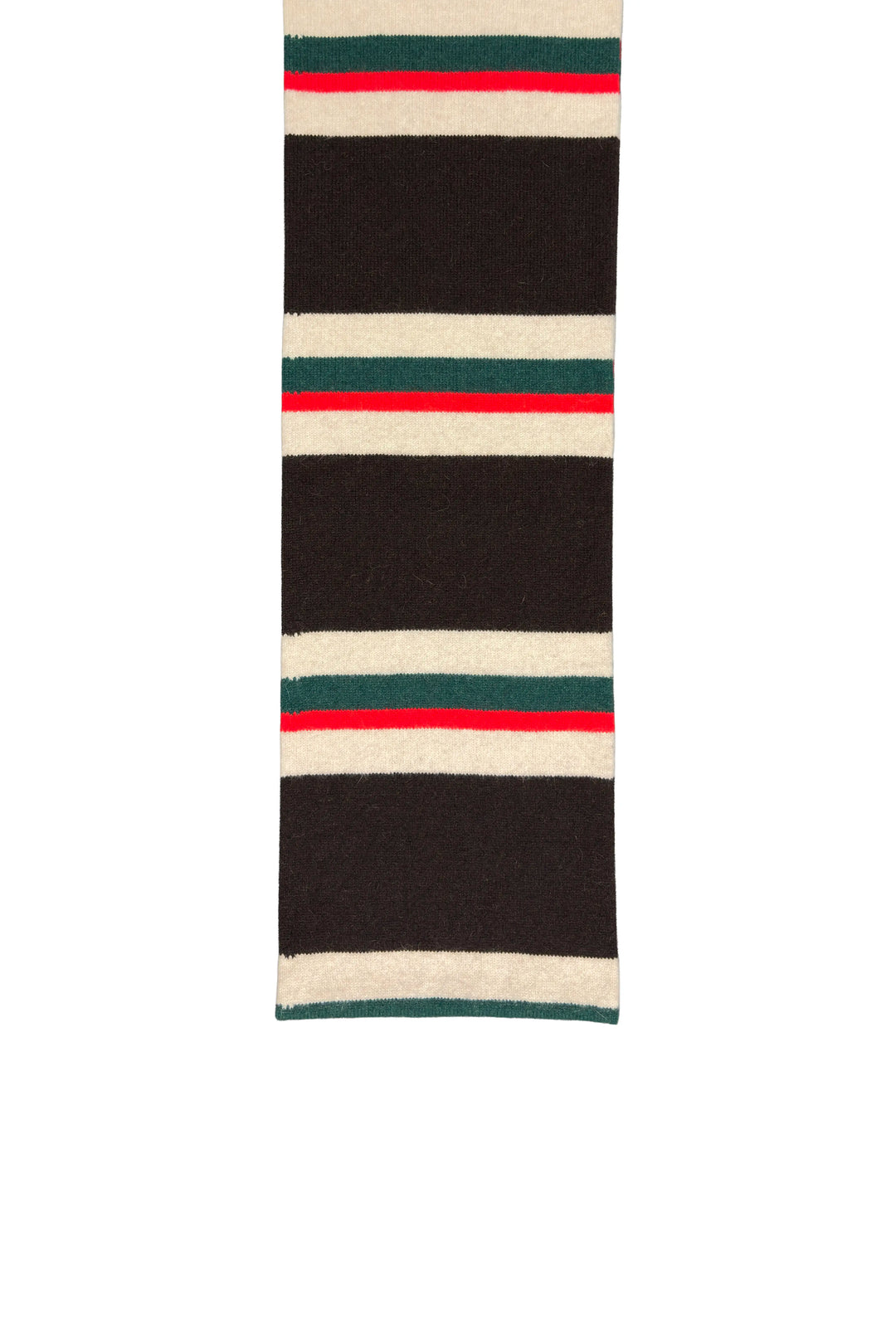 Striped scarf with black, red, green, and beige colors on a white background