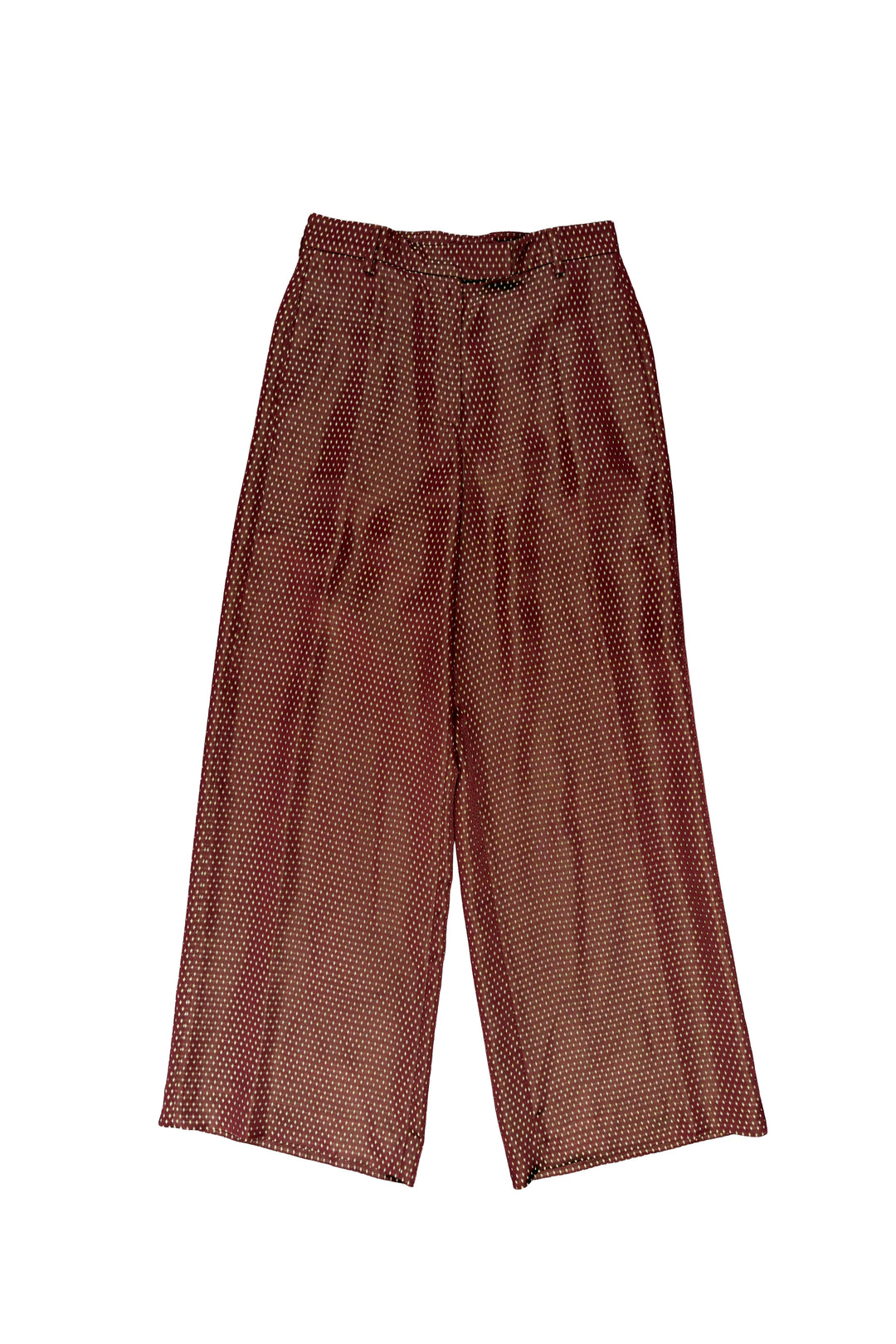 Brown patterned pants on a white background