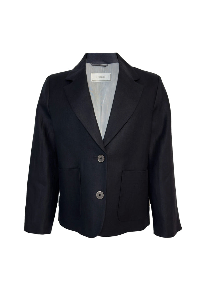 Black blazer with a gray shirt underneath on a white background