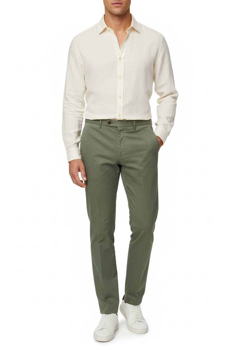 Person wearing a white shirt and green pants on a white background