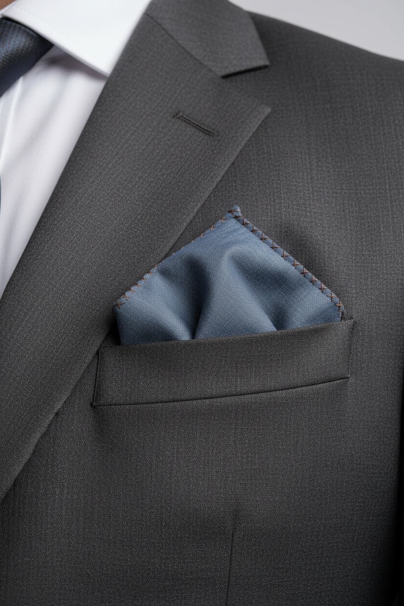 Gray suit with a blue pocket square on a light gray background