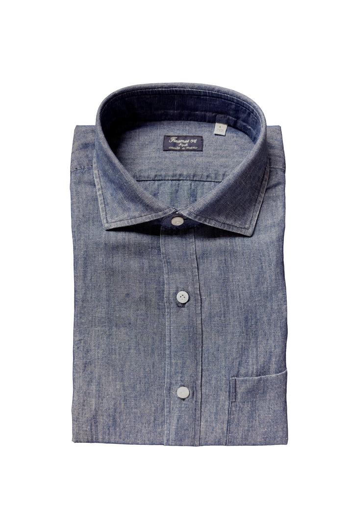 FINAMORE INDIGO COTTON LINEN SHIRT