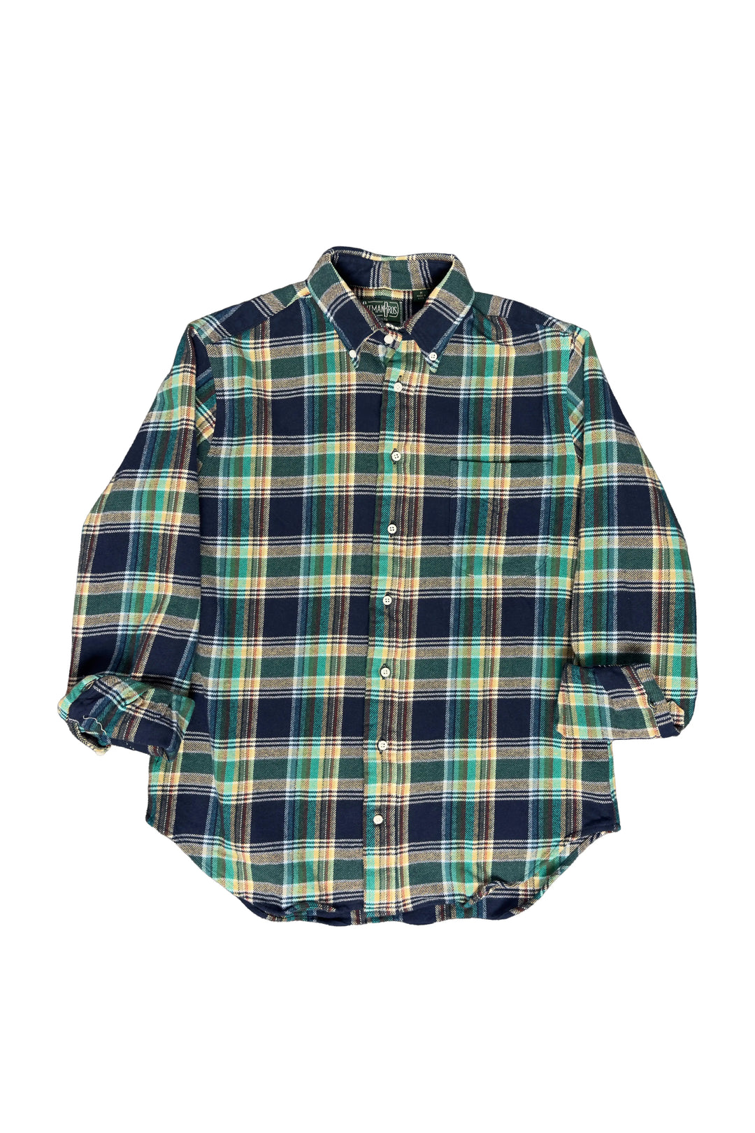 Plaid shirt with green and blue pattern on a white background