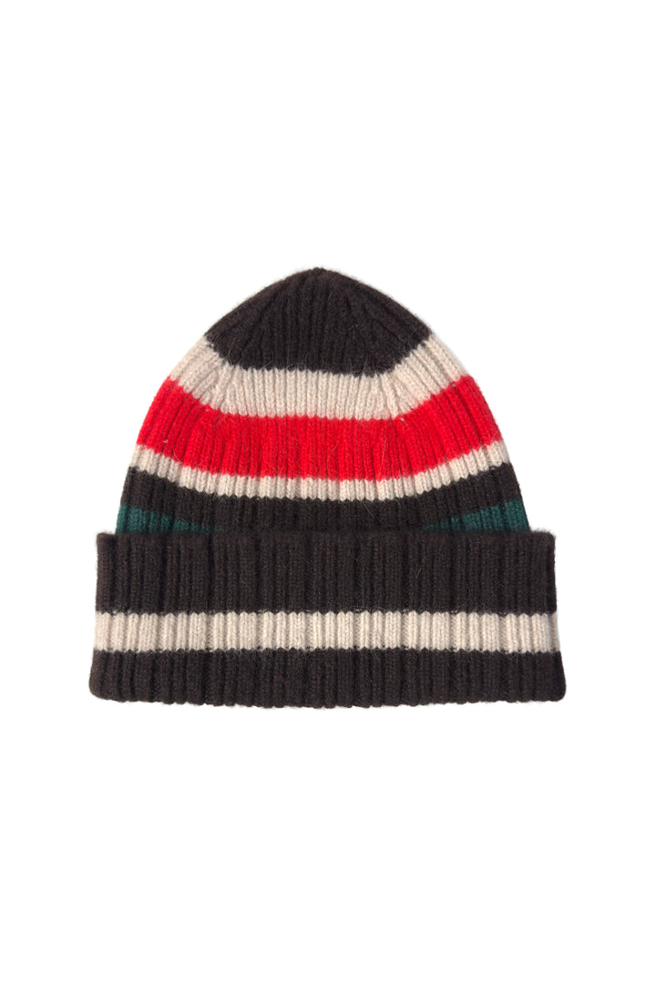 Knitted beanie with horizontal stripes in black, red, white, and green on a white background