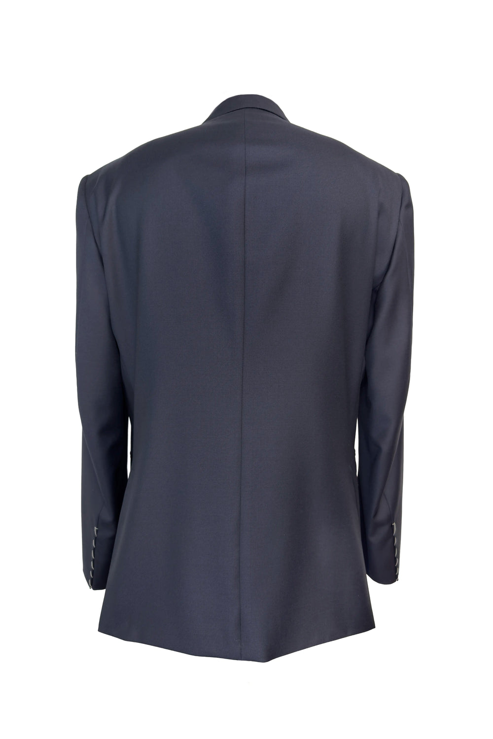 Back view of a dark gray suit jacket on a white background