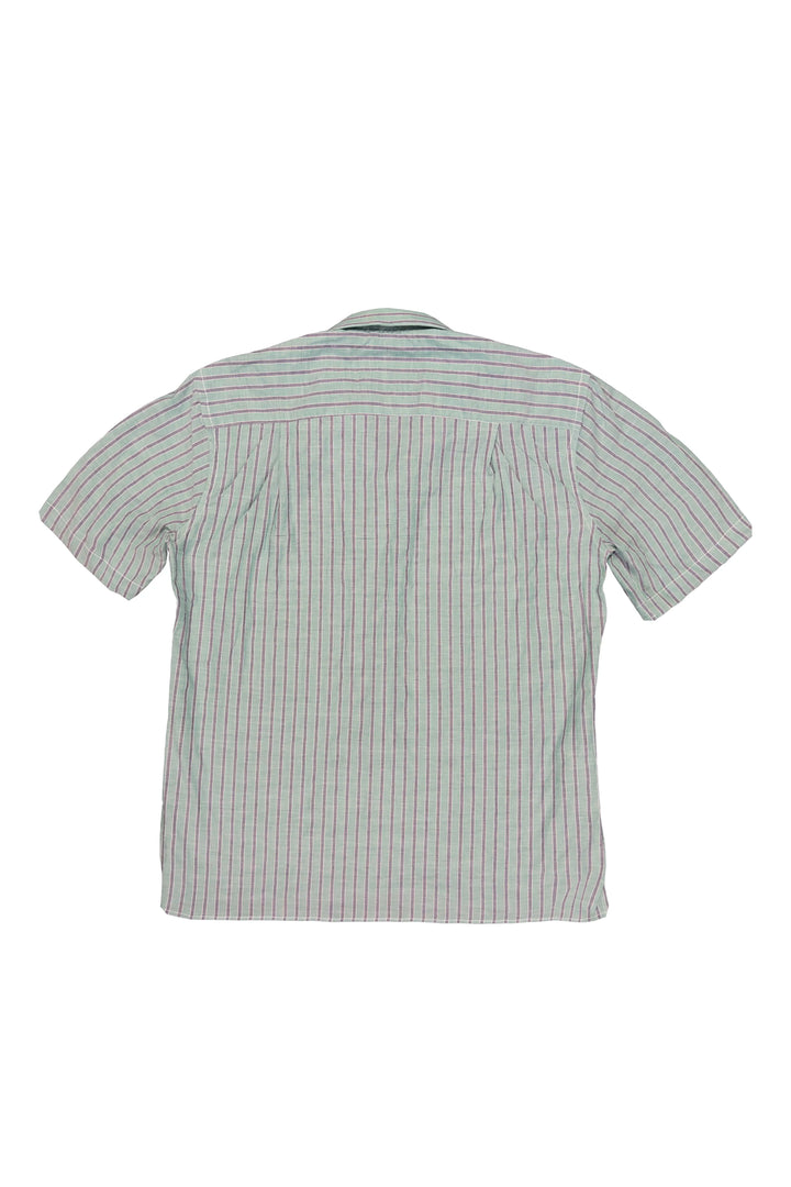 Back view of a gray striped shirt on a white background