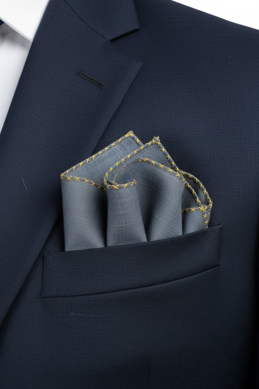Navy blue pocket square with gold embroidery in a suit pocket