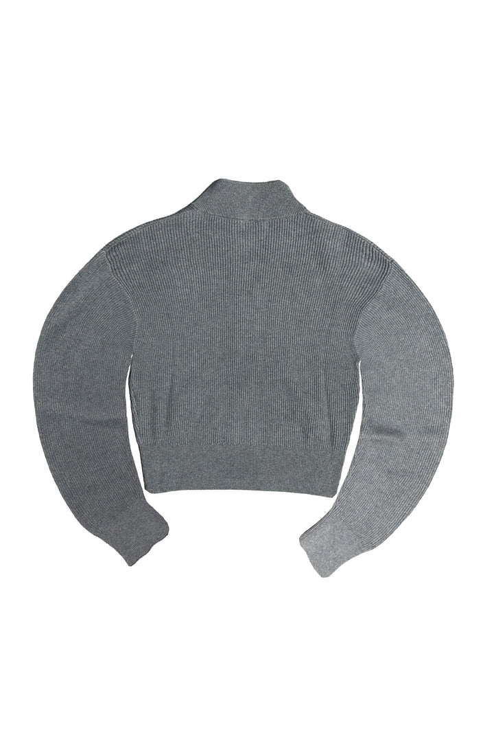 A gray ribbed knit cropped sweater with long sleeves and a mock neck, shown from the back on a plain white background.