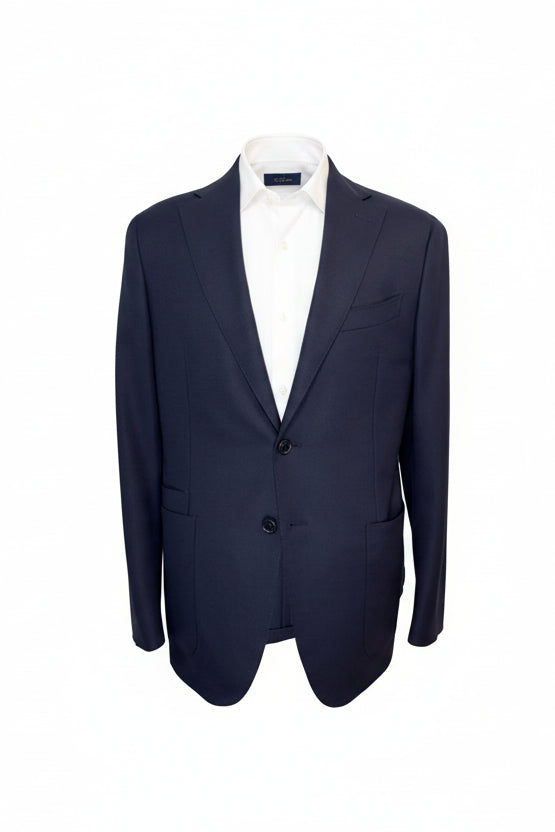 Navy blue suit jacket on a white background