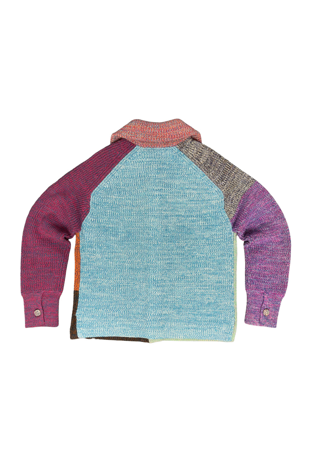 Color-blocked sweater with purple, green, orange, and brown sections on a white background