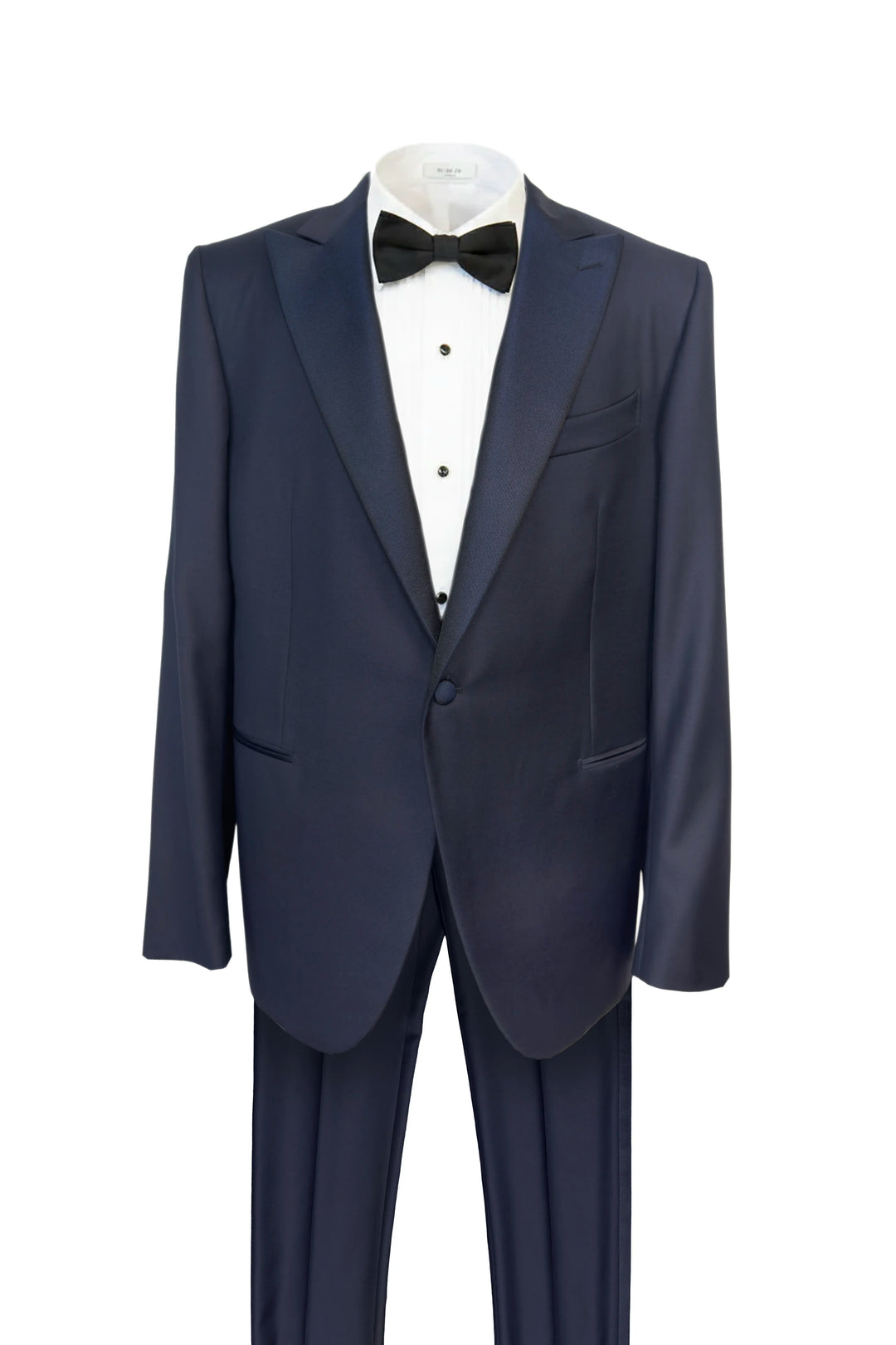 Navy blue tuxedo with a bow tie on a white background