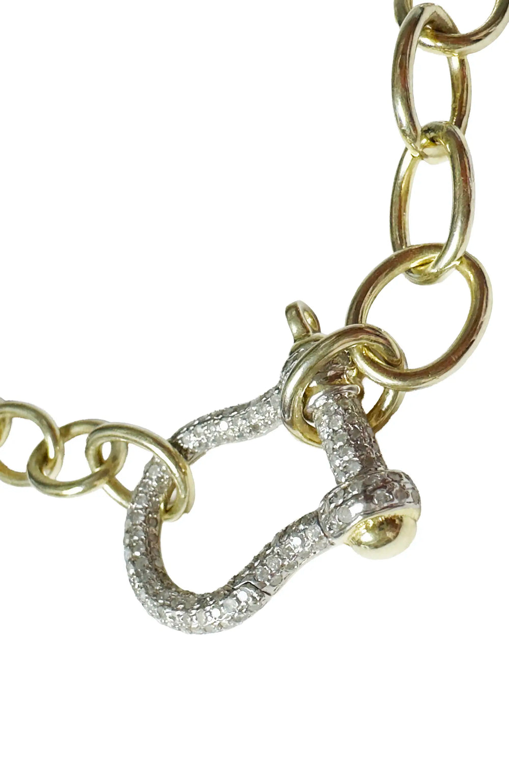 Gold and silver horse bit charm on a gold chain bracelet against a white background