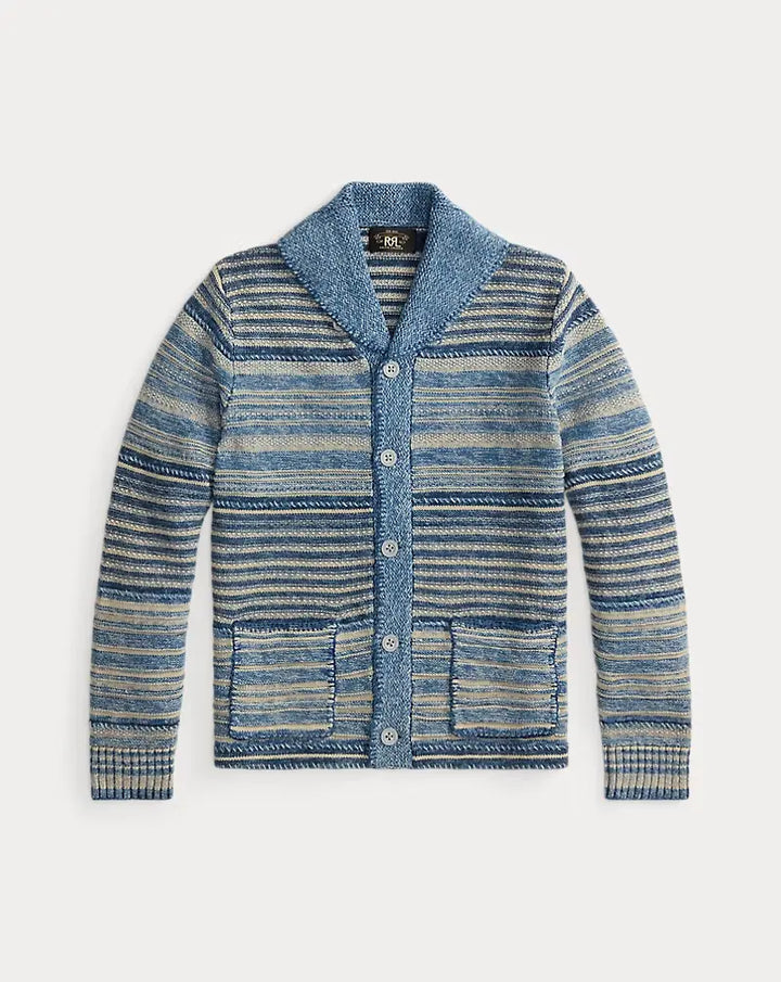 RRL INDIGO STRIPED COTTON-LINEN CARDIGAN