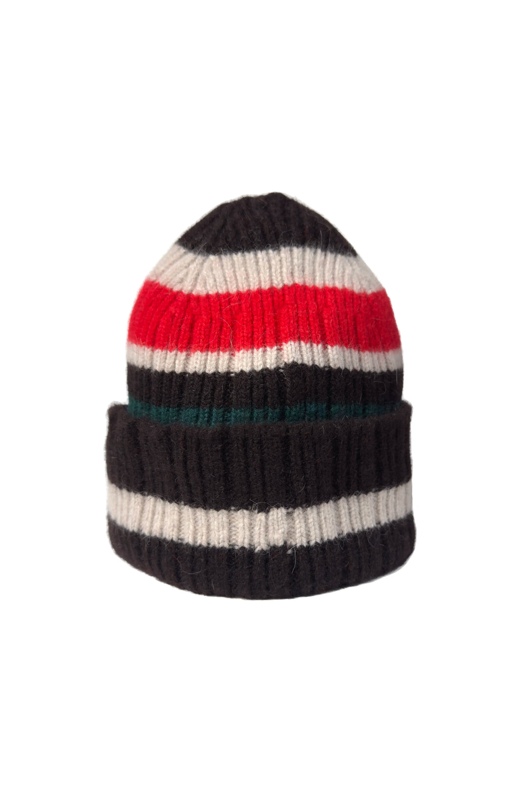 Striped beanie with black, red, white, and green colors on a white background
