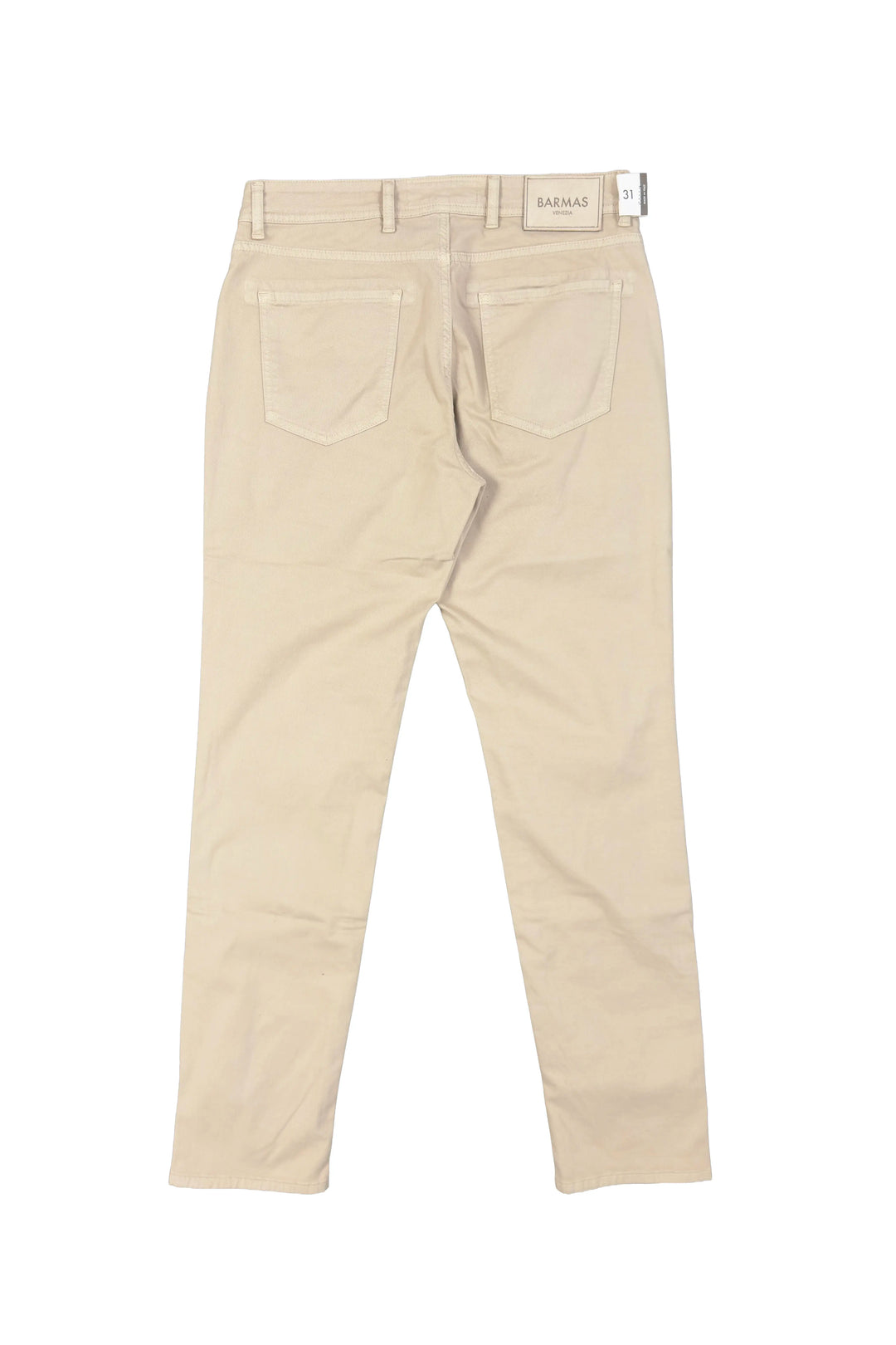 Beige pants with a brand label on a white background