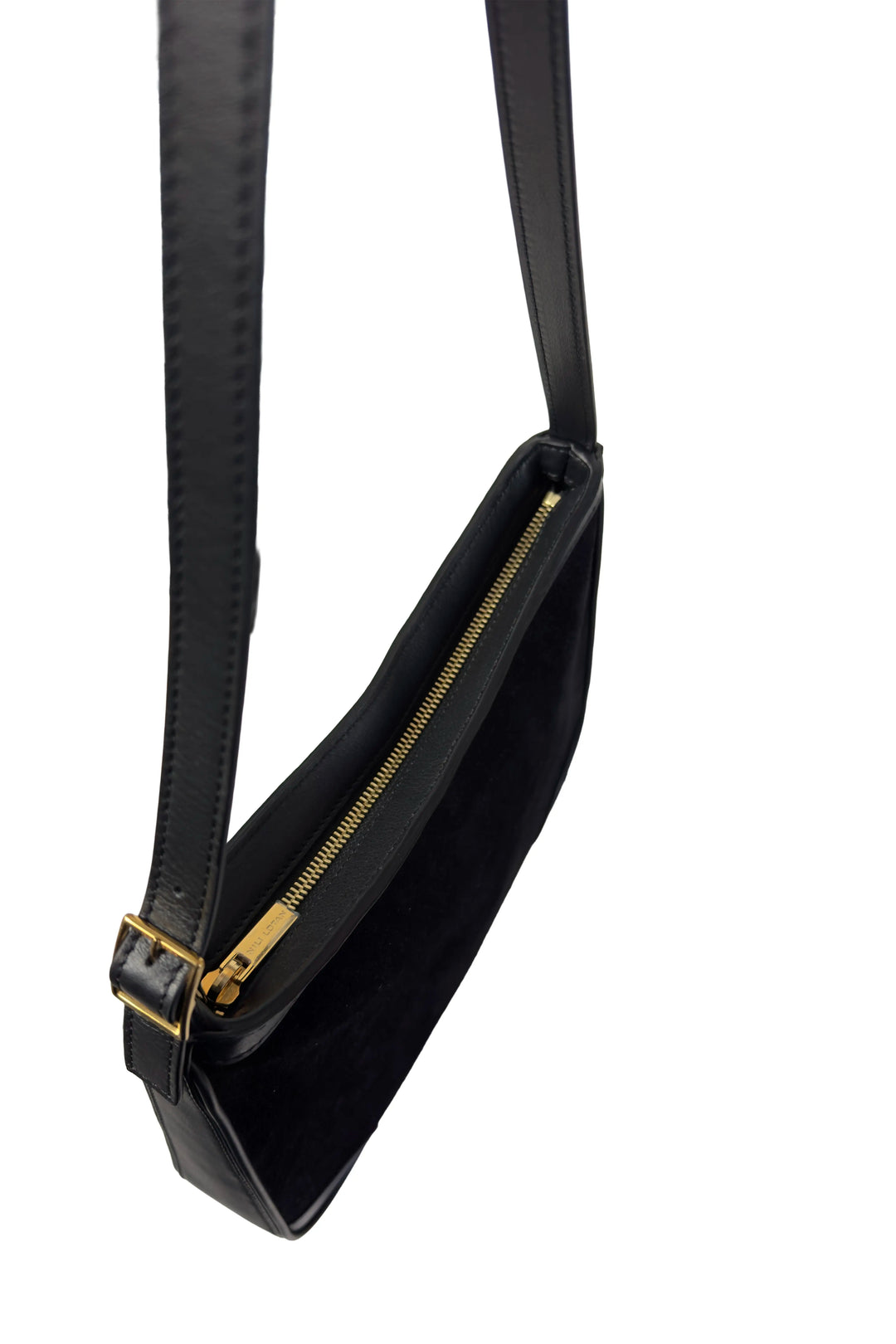 Black handbag with a gold zipper on a white background