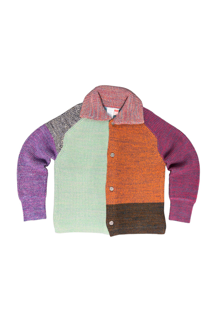 Color-blocked sweater with purple, green, orange, and brown sections on a white background