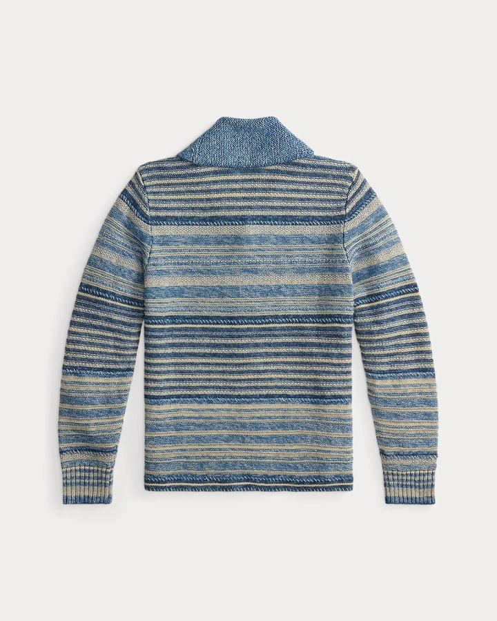 RRL INDIGO STRIPED COTTON-LINEN CARDIGAN